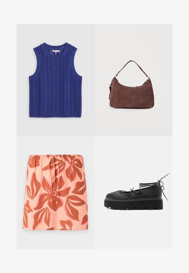 Gestricktes ärmelloses Top in lebhaftem Lila, mit einem strukturierten Muster, rundem Ausschnitt und gerippten Kanten.; Billabong SUNFLOWER SKIRT - A-Linien-Rock - apricot; Schwarzer klobiger Plateau-Schuh mit Schnürriemen und dicker, gerillter Sohle, seitlich auf schlichtem Hintergrund dargestellt.; Braune Wildleder-Schultertasche mit einem einzelnen Henkel und Reißverschluss, dargestellt vor einem schlichten hellen Hintergrund.