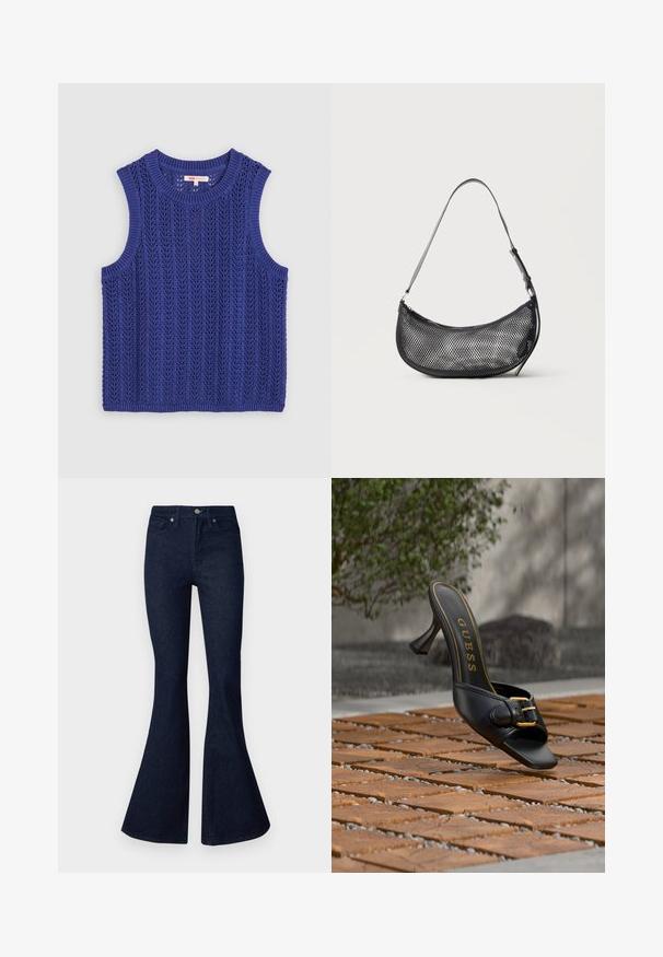 Kootud ilma varrukateta topp erksas lillases, millel on tekstuuriga muster, ümmargune kaelus ja soonikkoes servad.; Good American ALWAYS FIT GOOD - Bootcut-teksad - indigo; Mustad kõrge kontsaga mule kuldse pannaliga ja siseküljel "GUESS" logo, paigutatud tekstuurse väliplaaditud põranda peale, kus ähmased roheluse taust.; Väike must võrkmaterjalist õlakott poolkuu kujuga ja reguleeritava õhukese rihmaga, ühtlase hele taustaga.