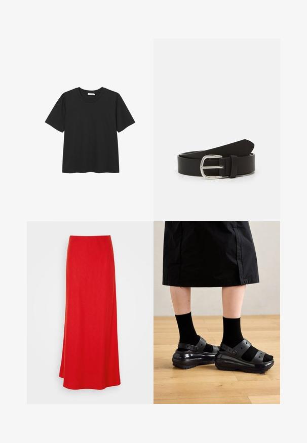 Zwarte T-shirt met korte mouwen en ronde hals, gemaakt van zacht katoen, met een rechte zoom en zonder zichtbare patronen of accenten.; Rode maxi rok met een gladde textuur, hoge taille en een vloeiende silhoutte. Heeft een effen kleur zonder patronen of versieringen.; Zwarte, stevige sandalen met glanzende afwerking en twee verstelbare banden, gedragen met zwarte sokken. Geplaatst op een gestructureerde houten vloer.; Zwarte leren riem met een gladde textuur, voorzien van een metalen zilveren gesp en een taps toelopende punt. Eenvoudig, klassiek ontwerp.