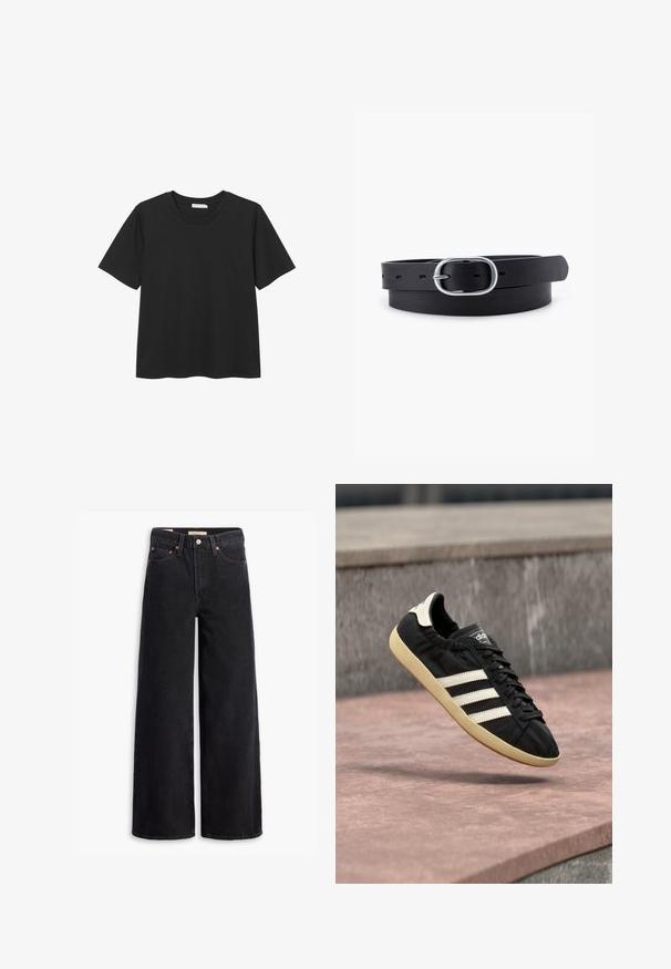 Zwarte T-shirt met korte mouwen en ronde hals, gemaakt van zacht katoen, met een rechte zoom en zonder zichtbare patronen of accenten.; Zwarte brede jeans gemaakt van denim, met vijf zakken, koperen klinknagels en een klassieke knoopsluiting. Glad van textuur met een strakke uitstraling.; Zwarte Adidas sneaker met witte strepen en beige zool, vastgelegd in de lucht boven een stenen oppervlak en een stenen muur op de achtergrond.; Zwarte leren riem met een gladde textuur, ovaal zilveren metalen gespsluiting en meerdere verstelgaten langs de band. Platte, minimalistische uitstraling.