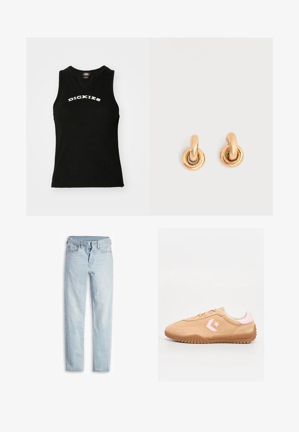 Débardeur noir sans manches avec une texture côtelée, arborant un logo blanc en courbe "DICKIES" sur la poitrine et un design en V.; Jean en denim bleu clair avec une taille haute, un design à cinq poches, une fermeture à bouton et une coupe droite. Présente un léger délavage et une finition texturée.; Converse RUN STAR - Baskets basses - coastal dune/sugar berry/egret; Paire de boucles d'oreilles créoles dorées et brillantes avec des maillons circulaires épais sur un fond gris clair uni.