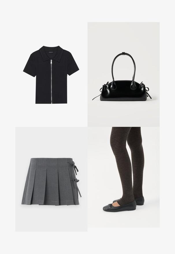 Sort kortærmet polo skjorte med ribbet tekstur, med en lynlåslukning front og en spidse krave. Enkel design med minimale accenter.; Grå plisseret mininederdel i et struktureret stof med bindelukning på den ene side og en glat linning for øget komfort.; Ben iført mørke ribbede leggings kombineret med sorte balletsko med små sløjfedetaljer på hvid baggrund.; Lille sort blank håndtaske med to lange håndtag og snøre-detaljer i siden på en ensfarvet lys baggrund.
