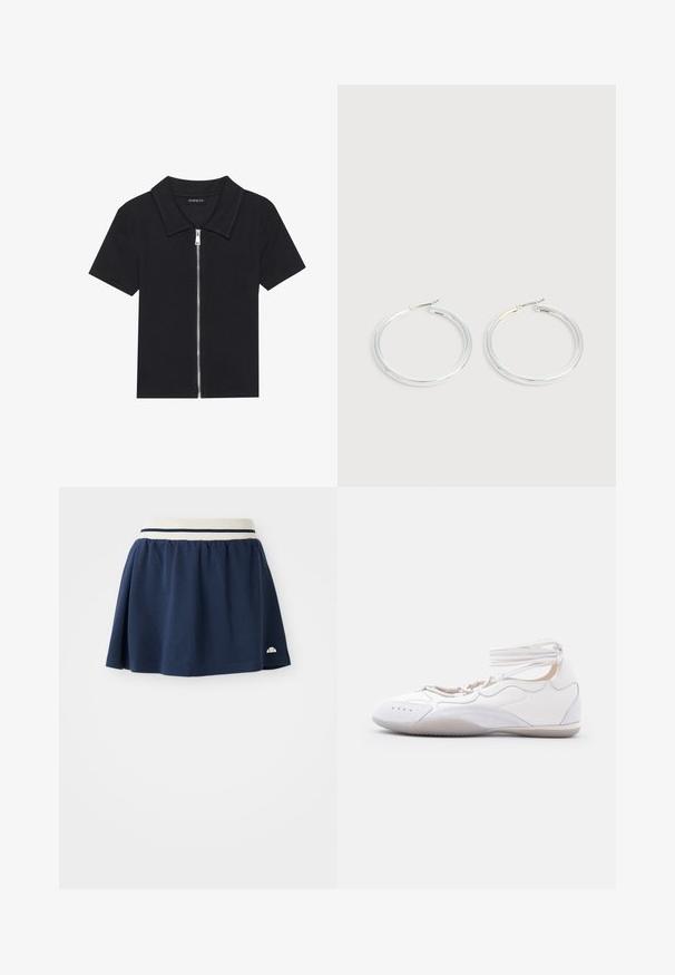Schwarzes Poloshirt mit kurzen Ärmeln und geripptem Muster, ausgestattet mit einem Reißverschluss vorne und einem spitzen Kragen. Einfaches Design mit minimalen Akzenten.; Marineblauer Rock aus weichem Stoff mit einem weißen elastischen Bund, der zwei marineblaue Streifen und ein kleines Logo am unteren Saum aufweist.; Weißer flacher Schuh mit Knöchelriemen, runder Zehenpartie und abgenähten Details, entworfen für den Freizeit- oder leichten Sportgebrauch.; Paar glänzende silberne Creolen mit dünnen Drahtverschlüssen, dargestellt vor einem hellgrauen Hintergrund.