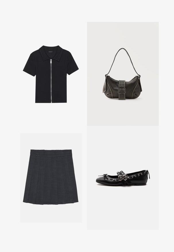 Zwarte polo met korte mouwen en een geribbelde textuur, met een rits aan de voorkant en een puntige kraag. Eenvoudig ontwerp met minimale accenten.; Donkergrijze plisséstofrok met een elastische tailleband, gekenmerkt door een gestructureerde stof en een klassieke A-lijnsilhouet. Geschikt voor casual gebruik.; Zwarte platte balletschoen met dubbele gespsluitingen, zilveren oogjes en een klein strikje nabij de afgeronde neus op een witte achtergrond.; Zwarte leren schoudertas met gespsluiting aan de riem, afgeronde hoeken en contrasterende witte stiksels op een effen achtergrond.