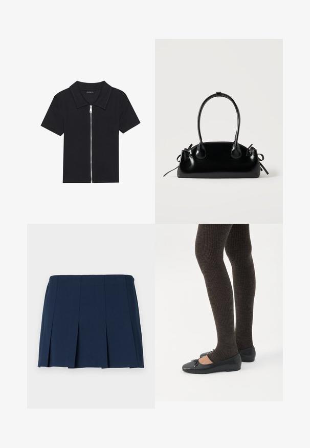 Sort kortærmet polo skjorte med ribbet tekstur, med en lynlåslukning front og en spidse krave. Enkel design med minimale accenter.; Mørkeblå, plisseret mini nederdel med en lige talje, lavet af et glat stof. Har lodrette syninger langs plisseringerne.; Ben iført mørke ribbede leggings kombineret med sorte balletsko med små sløjfedetaljer på hvid baggrund.; Lille sort blank håndtaske med to lange håndtag og snøre-detaljer i siden på en ensfarvet lys baggrund.