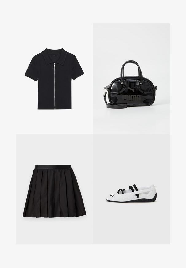 Schwarzes Poloshirt mit kurzen Ärmeln und geripptem Muster, ausgestattet mit einem Reißverschluss vorne und einem spitzen Kragen. Einfaches Design mit minimalen Akzenten.; Schwarzer plissierter Rock mit breitem Bund, ausgestelltem Design und gleichmäßig verteilten vertikalen Falten, flach auf einem hellgrauen Hintergrund ausgelegt.; Weiße Sportschuhe mit schwarzen Akzenten, runder Zehenpartie, elastischen Riemen und strukturierten Gummisohlen. Puma-Logo auf der Vorderseite.; Schwarze Lacklederhandtasche mit doppelten Griffen oben, abnehmbarem Schulterriemen, runder Form und hervorgehobenem geprägten "PUMA"-Logo.
