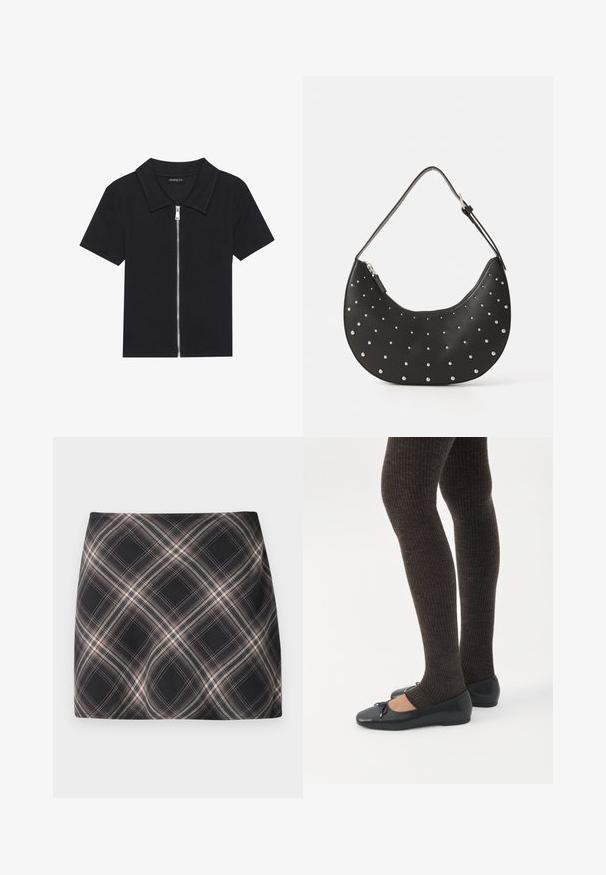 Zwarte polo met korte mouwen en een geribbelde textuur, met een rits aan de voorkant en een puntige kraag. Eenvoudig ontwerp met minimale accenten.; Zwart en beige geruite minirok met diagonaal geblokt patroon, aansluitende taille en een gladde stoftextuur.; Benen met donkere geribbelde leggings gecombineerd met zwarte ballerina's met kleine strikdetails op een witte achtergrond.; Zwarte leren handtas met een gebogen vorm, versierd met zilveren studs, voorzien van een ritssluiting en een enkele verstelbare schouderband.