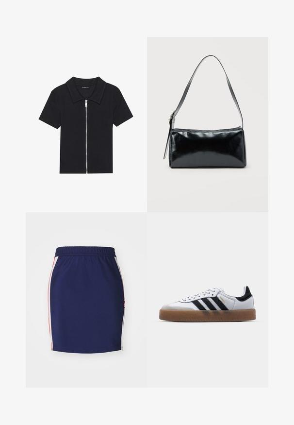 Sort kortærmet polo skjorte med ribbet tekstur, med en lynlåslukning front og en spidse krave. Enkel design med minimale accenter.; Marineblå atletisk nederdel med elastisk talje, med hvide og røde sidepaneler, glat tekstur og tætsiddende design.; Hvide lædersneakers med sorte striber, gummirubber sål, rund tå, snørelukning og blød grå ruskinds tåhætte.; Sort rektangulær skuldertaske med en enkelt justerbar rem og lynlås i toppen på en ensfarvet baggrund.