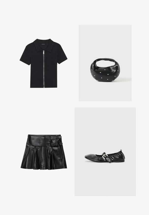 Schwarzes Poloshirt mit kurzen Ärmeln und geripptem Muster, ausgestattet mit einem Reißverschluss vorne und einem spitzen Kragen. Einfaches Design mit minimalen Akzenten.; Schwarze Lederrock mit Falten, breitem Bund und zwei Schnallenakzenten an der Seite. Glatte Textur mit glänzendem Finish.; Schwarze Leder-Ballerinas mit spitzem Zehenbereich, gerafften Details am Schaft und einem silbernen Schnallenakzent am verstellbaren Riemen.; Schwarze Lederhandtasche mit abgerundeter Form, verziert mit silbernen Nietenakzenten und kurzem Griff. Glatte Struktur und Reißverschlussverschluss.