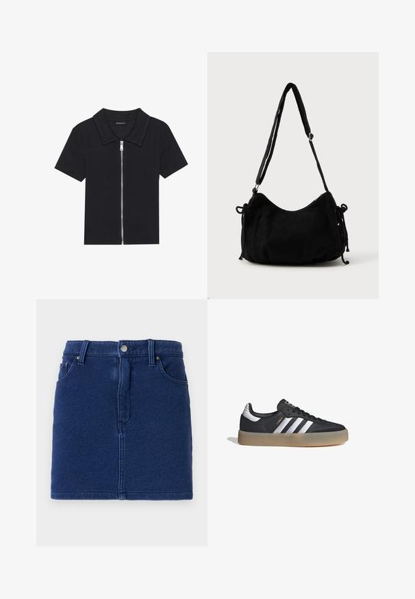Polo negro de manga corta con textura acanalada, que presenta un cierre frontal con cremallera y un cuello puntiagudo. Diseño simple con acentos mínimos.; Falda de mezclilla en azul profundo con un diseño ajustado, cierre delantero de botones y dos bolsillos laterales. Cuenta con costuras visibles y un dobladillo recto.; Zapatilla deportiva de cuero negro con tres rayas plateadas, punta texturizada y suela de goma. Cuenta con un collar acolchado y un diseño con cordones.; Bolso de hombro de pana negra con forma curva, correa ajustable y cierres de cordón en ambos lados para ajustar el tamaño.