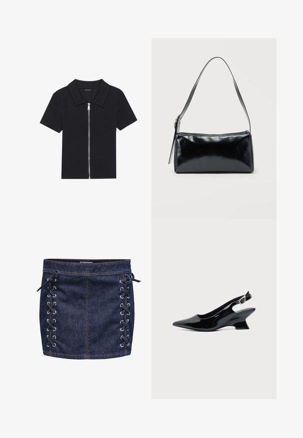 Polo negro de manga corta con textura acanalada, que presenta un cierre frontal con cremallera y un cuello puntiagudo. Diseño simple con acentos mínimos.; Mini falda de mezclilla en azul oscuro con detalle de cordones en el lateral y ojales plateados. Presenta una textura suave y costuras en contraste.; Zapato slingback de cuero charol negro con puntera puntiaguda y tacón bajo en bloque inclinado sobre fondo claro liso.; Bolso de hombro rectangular negro con una correa ajustable y un cierre de cremallera superior sobre un fondo liso.