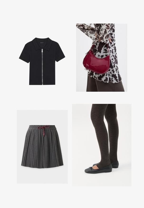 Polo shirt noir à manches courtes avec texture côtelée, présentant un col pointe et une fermeture éclair à l'avant. Design simple avec des accents minimaux.; Jupe plissée gris foncé avec une taille élastique et un cordon bordeaux noué au centre devant.; Jambes portant des leggings côtelés foncés associés à des ballerines noires avec de petits détails en nœud sur fond blanc.; Femme portant un chemisier à motif noir et blanc tenant un sac à main rouge brillant sur un fond uni.