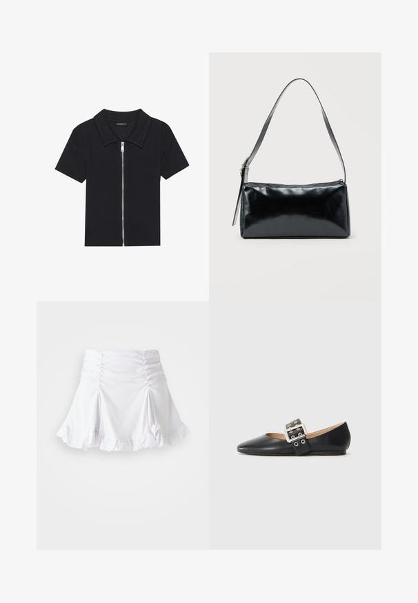 Sort kortærmet polo skjorte med ribbet tekstur, med en lynlåslukning front og en spidse krave. Enkel design med minimale accenter.; Hvid nederdel lavet af tekstureret stof med rynkedetaljer og bølger. Har en udvidet design med en tætsiddende talje.; Sort læder flad sko med spidst tåparti og en dekorativ spænde-rem med sølvfarvet hardware og små udskæringer.; Sort rektangulær skuldertaske med en enkelt justerbar rem og lynlås i toppen på en ensfarvet baggrund.