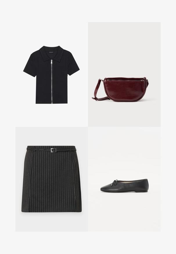 Zwarte polo met korte mouwen en een geribbelde textuur, met een rits aan de voorkant en een puntige kraag. Eenvoudig ontwerp met minimale accenten.; Zwarte minirok met witte verticale krijtstrepen, voorzien van een dunne riem met een rechthoekige zilveren gesp in de taille.; Zwarte leren balletschoenen met een ronde neus en een decoratieve strikdetail. Het ontwerp heeft een gladde textuur en een lage, platte hak.; Dieprode lederen handtas met een halve-maansvorm, een ritssluiting en een afneembare riem. Gladde textuur met een subtiele glans.