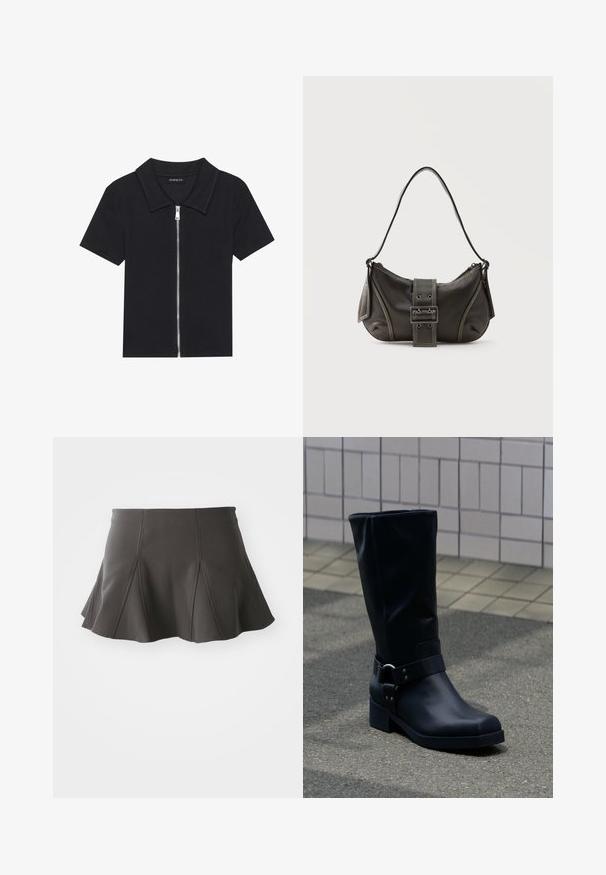 Polo negro de manga corta con textura acanalada, que presenta un cierre frontal con cremallera y un cuello puntiagudo. Diseño simple con acentos mínimos.; Falda negra acampanada con una cintura ajustada, que presenta costuras verticales y una textura suave. El dobladillo es ligeramente curvado y queda por encima del muslo.; Bota negra de cuero hasta la mitad de la pantorrilla con un tacón bajo de bloque y una correa decorativa con hebilla metálica alrededor del tobillo, sobre un pavimento de baldosas.; Bolso de hombro de cuero negro con detalle de correa con hebilla, bordes curvos y costuras blancas en contraste sobre un fondo liso.