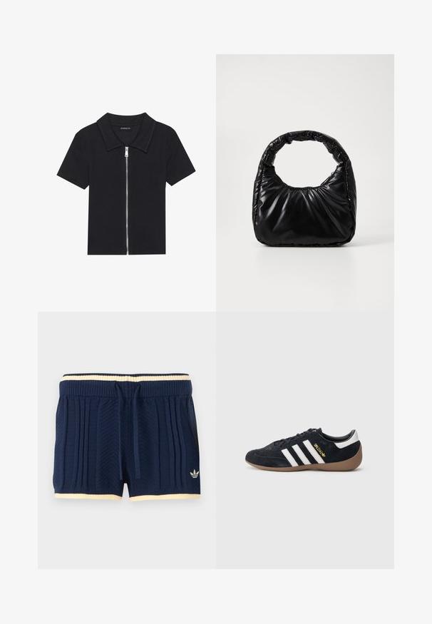 Zwarte polo met korte mouwen en een geribbelde textuur, met een rits aan de voorkant en een puntige kraag. Eenvoudig ontwerp met minimale accenten.; Marineblauwe gebreide shorts met geribbelde textuur, crèmekleurige bies aan de tailleband en zoom, trekkoord aan de voorkant en Adidas-logo op het linkerbeen.; Zwarte suède sneaker met drie witte strepen, een rubberen gumzool en een klein gouden logo aan de zijkant. Heeft een gladde zwarte binnenvoering.; Zwarte gevoerde handtas met een ronde handgreep, met een gladde, glanzende oppervlakte en een zachte, gewatteerde textuur. Geen zichtbare metalen onderdelen of accenten.