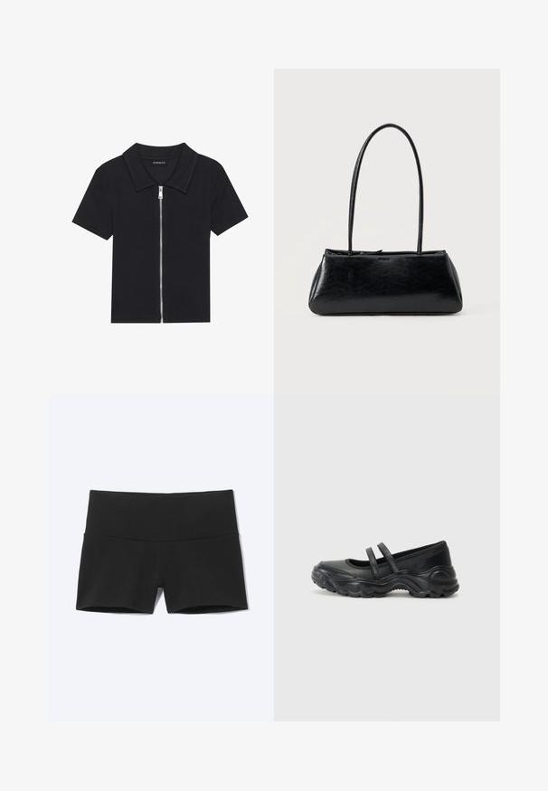 Polo negro de manga corta con textura acanalada, que presenta un cierre frontal con cremallera y un cuello puntiagudo. Diseño simple con acentos mínimos.; Pantalones cortos deportivos negros ajustados con cintura ancha, diseñados para comodidad y flexibilidad.; Bailarinas de charol negro con dos correas ajustables, puntera redonda y suela de goma texturizada para mayor agarre.; Bolso de hombro rectangular negro con correas largas y delgadas y una textura lisa y brillante sobre un fondo liso.