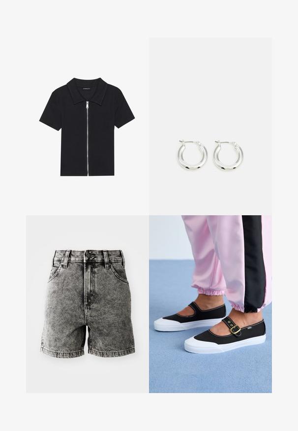 Schwarzes Poloshirt mit kurzen Ärmeln und geripptem Muster, ausgestattet mit einem Reißverschluss vorne und einem spitzen Kragen. Einfaches Design mit minimalen Akzenten.; Schwarze Denim-Shorts mit hoher Taille, Fünf-Taschen-Design und einem distressed Textur mit sichtbaren Nähten und metallischen Hardware-Details.; Schwarze Leinenschuhe mit einer weißen Sohle, die ein Ausschnittdesign und einen goldenen Schnallenriegel aufweisen. Getragen mit rosa Sporthosen.; Silberne Creolen mit glänzender Oberfläche, die eine kreisrunde Form haben und mit einem schwenkbaren Verschluss ausgestattet sind. Glatte Textur mit minimalen Details.