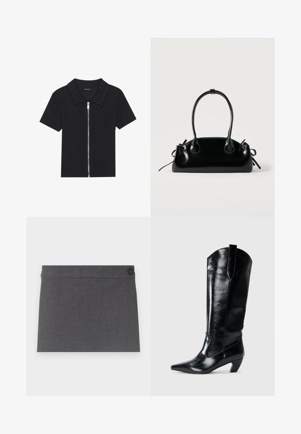 Polo negro de manga corta con textura acanalada, que presenta un cierre frontal con cremallera y un cuello puntiagudo. Diseño simple con acentos mínimos.; Falda de tela gris con una textura suave, diseño recto y un solo botón negro en la cinturilla, con una estética limpia y simple.; Botas de cuero negras hasta la rodilla con punta afilada, tacón bajo y detalle de costura decorativa en los laterales. Acabado suave y brillante.; Pequeño bolso negro brillante con dos asas largas y detalles de cordón lateral sobre un fondo claro liso.