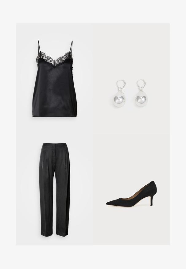 Schwarze Satin-Camisole mit verstellbaren dünnen Trägern, die eine Spitzenbesatz entlang des Ausschnitts und eine glatte, glänzende Textur aufweist.; Schwarze Hosen mit weitem Bein aus glattem Stoff, mit vorderen Falten, einem Reißverschluss und einem klassischen Bunddesign.; Schwarzer Wildleder-Pumps mit spitzer Schuhspitze, schlankem mittelhohem Stiletto-Absatz und tiefem Ausschnitt auf einfachem Hintergrund.; Silberne Tropfenohrringe mit glatten, runden, reflektierenden Oberflächen, die an Hakenverschlüssen hängen. Der Hintergrund ist reinweiß.