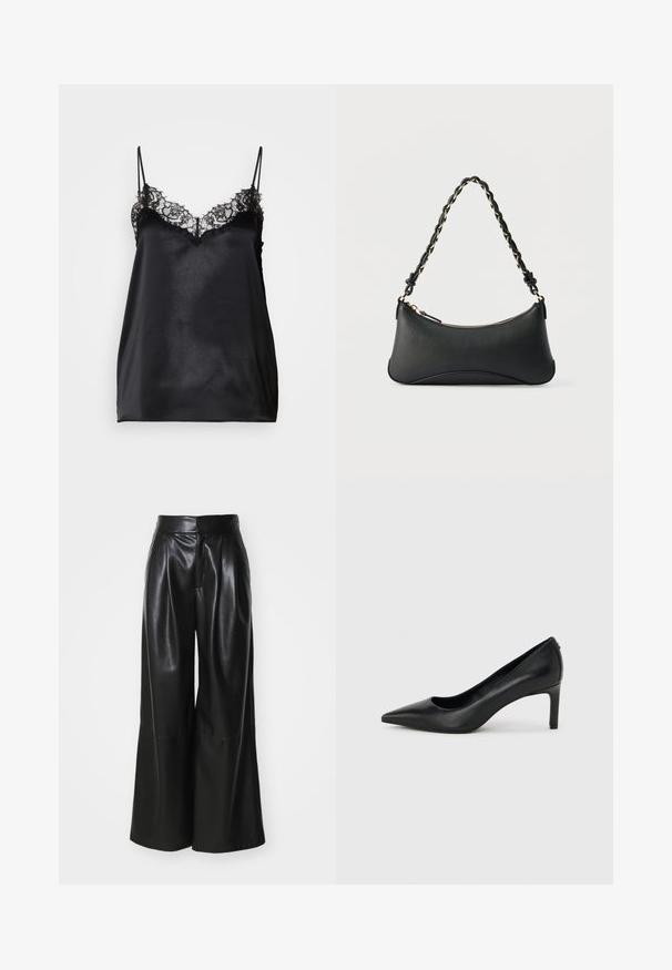 Schwarze Satin-Camisole mit verstellbaren dünnen Trägern, die eine Spitzenbesatz entlang des Ausschnitts und eine glatte, glänzende Textur aufweist.; Schwarze Kunstleder-Hosen mit weit geschnittenem Bein, hoher Taille, plissierter Vorderseite und glatter Textur. Verfügt über ein sauberes, minimalistisches Design.; Schwarzer, spitz zulaufender High-Heel-Pumps aus Leder mit einem schlanken, mittelhohen Absatz auf einem schlichten hellgrauen Hintergrund.; Schwarze Lederschultertasche mit gewölbter rechteckiger Form, goldener Kette, die in den geflochtenen schwarzen Riemen eingewebt ist, und Reißverschlussverschluss oben.