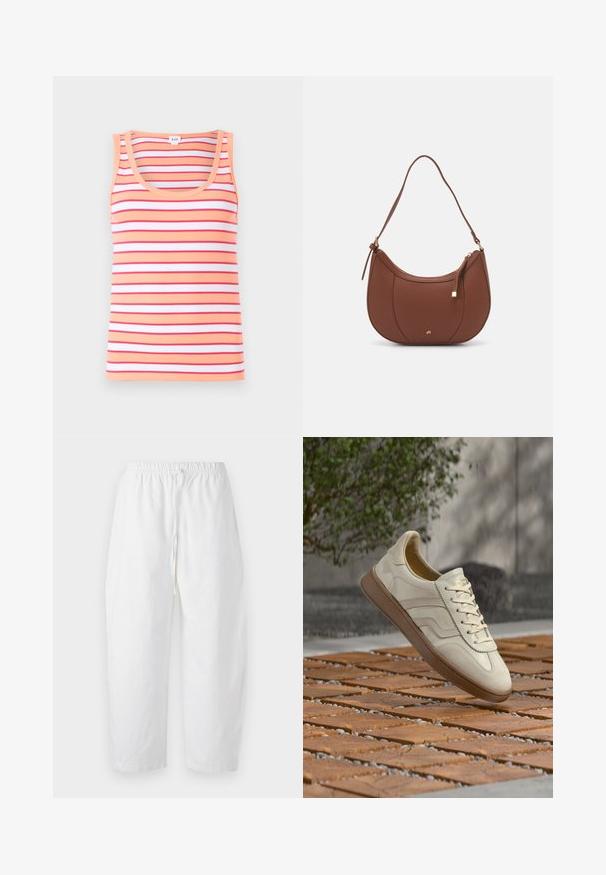 Top sin mangas de rayas con franjas horizontales en tonos de melocotón, rojo y blanco. Confeccionado en tejido acanalado, presenta un escote redondeado y un diseño sin mangas.; Abercrombie & Fitch PULL ON BARREL - Pantalones - white; Zapatilla de color crema con suela de goma beige texturizada, diseño con cordones y sutiles detalles de marca en el lateral. Parte superior de cuero liso.; Bolso de hombro de imitación cuero marrón con forma curva, costura mínima y un acento de hardware en tono dorado. Presenta un cierre de cremallera en la parte superior y una correa ajustable.