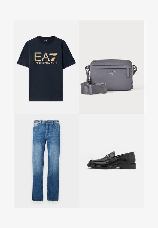 Marineblå bomulds T-shirt med en stor gylden trykt "EA7" logo og "EMPORIO ARMANI" tekst på fronten. Rund hals og korte ærmer.; Blå denim jeans med lige fit, der har fem lommer, bæltestropper og subtilt slid på stoffet.; Sorte læder loafers med en rund tå, der har guld hardware accent og syningsdetaljer, placeret på en lav, tekstureret gummisål.; Mørkegrå rektangulær crossbody taske med justerbar rem, front lynlåslomme og sølv logoemblem.