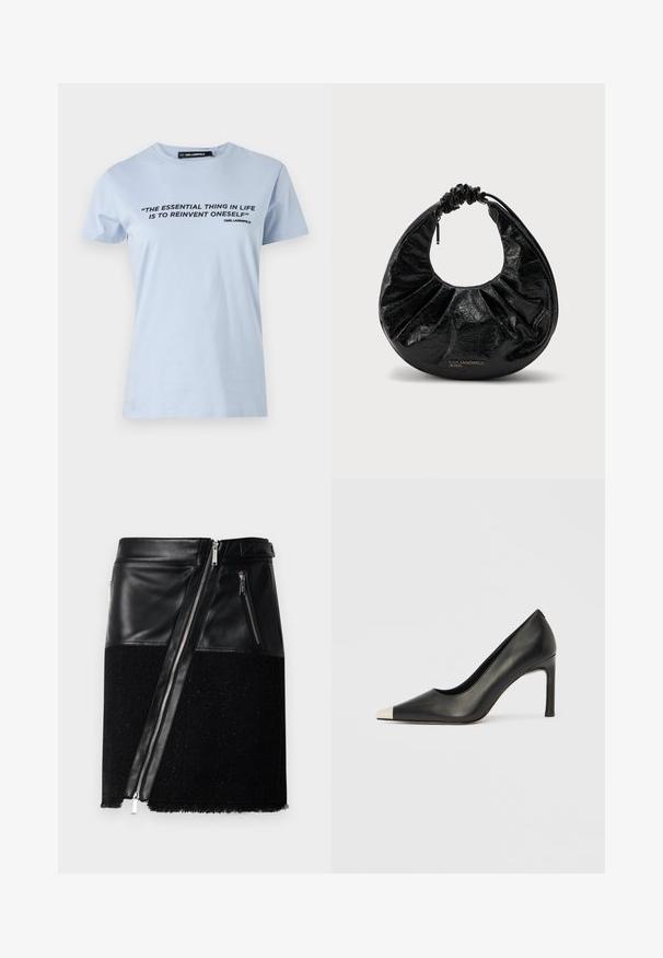 Γαλάζιο βαμβακερό T-shirt με κοντό μανίκι, με εκτύπωση μαύρου κειμένου: "ΤΟ ΟΥΣΙΑΣΤΙΚΟ ΣΤΗ ΖΩΗ ΕΙΝΑΙ ΝΑ ΞΑΝΑΕΦΕΡΕΙΣ ΤΟΝ ΕΑΥΤΟ ΣΟΥ."; Μαύρη φούστα που συνδυάζει δέρμα και υφή υφάσματος. Διαθέτει διαγώνιο φερμουάρ, δύο πλαϊνές τσέπες με φερμουάρ και φθαρμένο τελείωμα στο κάτω μέρος.; Μαύρο δερμάτινο γυναικείο παπούτσι με ψηλό τακούνι, μυτερή μύτη και μεταλλική ασημί μύτη. Διαθέτει λείο φινίρισμα και λεπτό τακούνι 10 εκ.; Μαύρη τσάντα σε σχήμα ημισελήνου με ρυτιδωμένη λαβή και φερμουάρ, λαμπερή τσαλακωμένη υφή και λογότυπο "KARL LAGERFELD JEANS" στο μπροστινό μέρος.