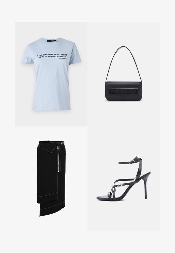 Helles blaues Baumwoll-T-Shirt mit kurzen Ärmeln, das mit einem schwarzen Textdruck versehen ist: "DAS WICHTIGSTE IM LEBEN IST, SICH SELBST NEU ZU ERFINDEN."; Schwarze Midirock mit weitem Kragen, seitlichem Reißverschluss, weißen Stichakzenten und asymmetrischem Saumdesign. Glatte Textur.; Schwarze Sandalette mit hohem Absatz, dünnen Riemen, einem Schnallenverschluss am Knöchel und einem Metall-Logodetail am seitlichen Riemen, vor weißem Hintergrund.; Schwarze Ledertasche mit einem einzigen Schulterriemen, rechteckiger Form, ausgestattet mit einem strukturierten Feld mit dem prägten "KARL LAGERFELD" Logo auf der Vorderseite.