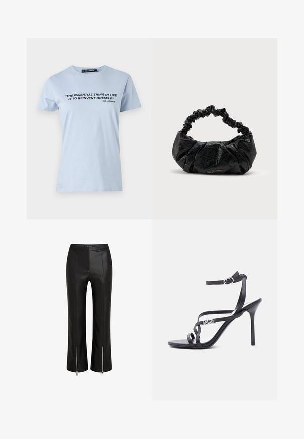 Camiseta de algodón azul claro con mangas cortas, que presenta una impresión de texto en negro: "LA COSA ESENCIAL EN LA VIDA ES REINVENTARSE A SÍ MISMO."; Pantalones de cuero negro con un diseño ajustado, que cuentan con dobladillos con cremallera, parte delantera plana y detalles de costura visibles. Textura suave en todo su superficie.; Sandalia negra de tacón alto con tiras finas, hebilla en el tobillo y detalle de logo metálico en la tira lateral, sobre un fondo blanco.; Bolso de mano de cuero negro texturizado con asa elástica fruncida y sutil logo "Karl Lagerfeld Jeans" en el centro inferior delantero.
