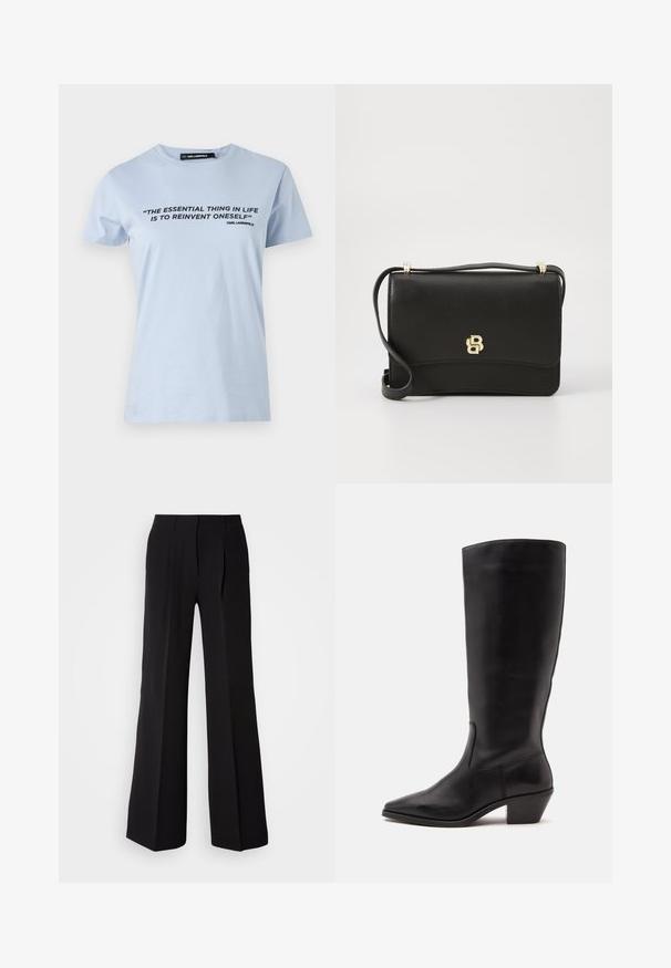 Camiseta de algodón azul claro con mangas cortas, que presenta una impresión de texto en negro: "LA COSA ESENCIAL EN LA VIDA ES REINVENTARSE A SÍ MISMO."; Pantalones negros de tejido suave, con cintura alta, silueta de pierna ancha y dos pliegues frontales para añadir detalle de diseño.; Bota de cuero negra hasta la mitad de la pantorrilla con puntera puntiaguda y tacón bajo inclinado sobre un fondo claro y liso.; Bolso cruzado de cuero negro con una textura suave, que cuenta con un acento de logo dorado y una larga correa ajustable. Diseño rectangular compacto.