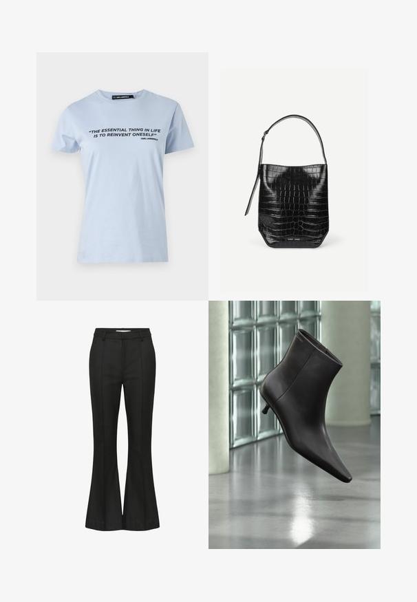 Camiseta de algodón azul claro con mangas cortas, que presenta una impresión de texto en negro: "LA COSA ESENCIAL EN LA VIDA ES REINVENTARSE A SÍ MISMO."; Pantalones negros acampanados de tela lisa, con una cintura ajustada y costuras verticales para un detalle adicional de diseño.; Bota de cuero negro para el tobillo con puntera puntiaguda y tacón pequeño, exhibida frente a una pared de bloques de vidrio y un suelo pulido.; Bolso tipo saco de piel negra con relieve de cocodrilo, con una sola correa para el hombro y un pequeño logo de la marca en plata en el centro inferior frontal.