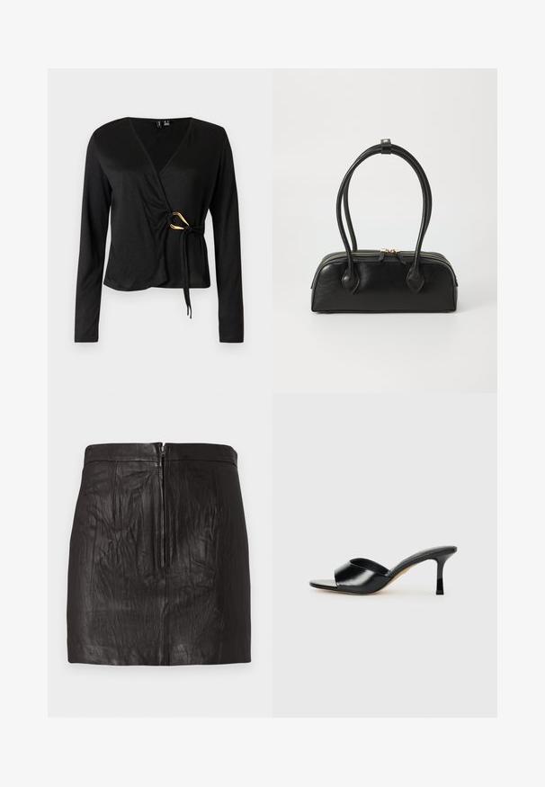 Haut noir à manches longues enroulé avec un décolleté en V, fait de tissu lisse. Présente un accent doré à la taille avec un détail noué.; Mini-jupe en cuir noir avec une fermeture éclair frontale et de subtils détails de coutures verticales sur fond uni.; Mules à talons hauts en cuir noir avec un design à bout ouvert et une large sangle supérieure incurvée. Texture lisse et silhouette élégante.; Sac à main en cuir noir avec deux anses allongées, fermeture éclair et forme arrondie ; texture lisse avec une finition légèrement brillante.
