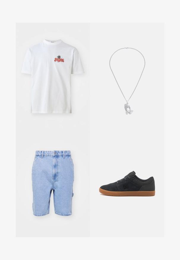 Weißes Baumwoll-T-Shirt mit dem Textgrafik "the new originals" in Rot und blauen Sternen, Rundhalsausschnitt und kurzen Ärmeln.; Helle blaue Denim-Shorts mit regulärer Passform, einem Bund mit Gürtelschlaufen, Fronttaschen und dezenten Ausbleichungen überall.; Dunkelgraue Wildledersneaker mit gummiertem beigem Schuhboden, ausgestattet mit einem schwarzen Logo an der Seite und strukturierten Akzenten im Obermaterial.; Silberne Anhänger-Halskette mit zwei gefalteten Händen, die an einer feinen Kette mit glatter Textur hängen.