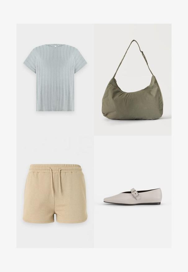 Top de manga corta gris claro con textura acanalada y cuello redondo, que presenta rayas verticales en la tela.; Pantalones cortos de algodón beige con cintura elástica y cordón frontal, diseñados para uso informal.; Zapato plano de cuero beige con punta afilada, un detalle de hebilla lateral y suela negra baja. Textura suave y diseño minimalista.; Bolso de hombro de tela suave color verde oliva con cierre de cremallera y correa ajustable sobre un fondo liso y claro.