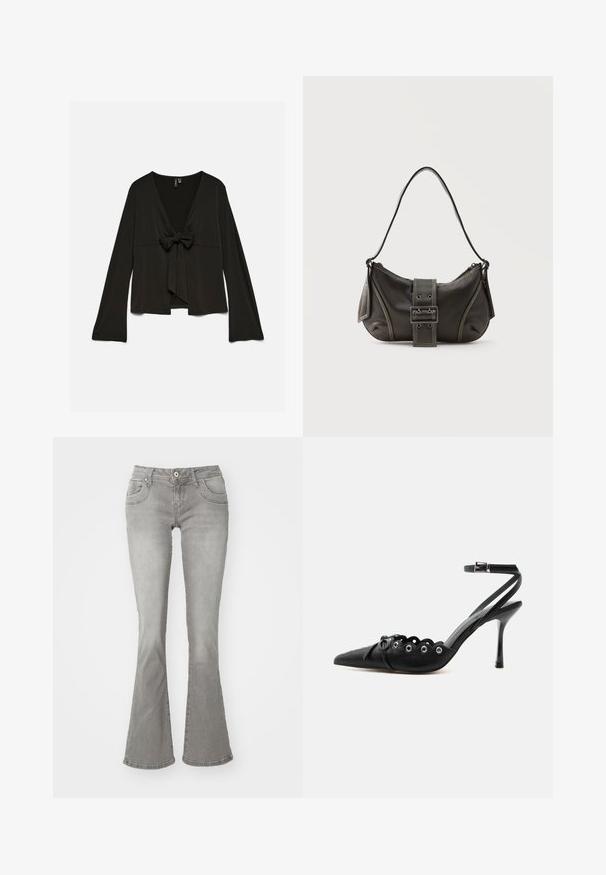 Zwarte blouse met lange mouwen, diepe V-hals en strikdetail aan de voorkant, losse pasvorm en licht uitlopende mouwen.; Grijze flared jeans met een middelhoge taille, voorkzakken en een knoopsluiting, gemaakt van denim stof met een gladde structuur.; Zwarte pumps met hoge hak en spitse neus, gegolfde randen, metalen oogjes, vetergespsluiting aan de voorzijde en enkelriem met gespsluiting.; Zwarte leren schoudertas met gespsluiting aan de riem, afgeronde hoeken en contrasterende witte stiksels op een effen achtergrond.