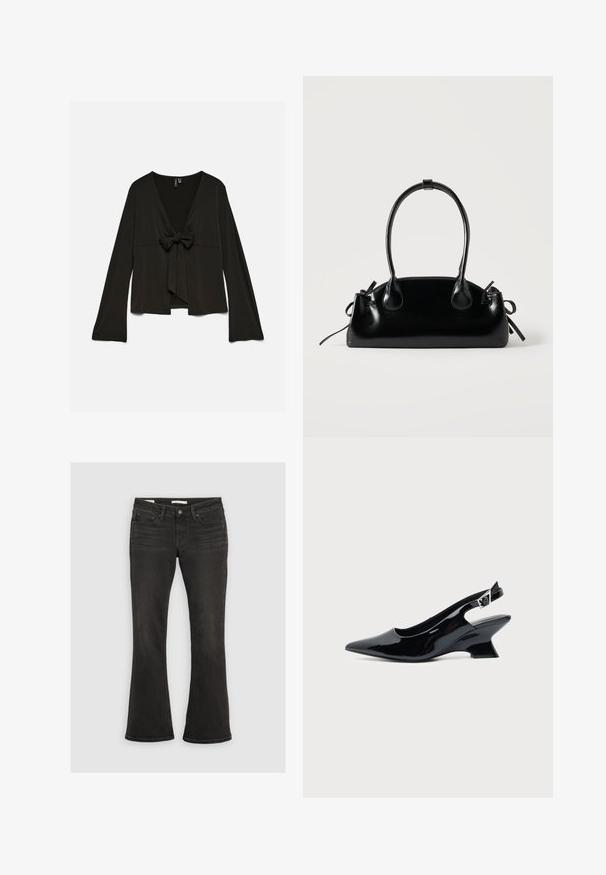 Sort bluse med lange ærmer, dyb V-udskæring og bindebånd foran, løs pasform og let udringede ærmer.; Sorte bootcut-jeans med forlommer, bæltestropper og knaplukning, lagt fladt ud på en lysegrå baggrund.; Sort laklæder slingback sko med spids tå og lav vinklet blokhæl på ensartet lys baggrund.; Lille sort blank håndtaske med to lange håndtag og snøre-detaljer i siden på en ensfarvet lys baggrund.