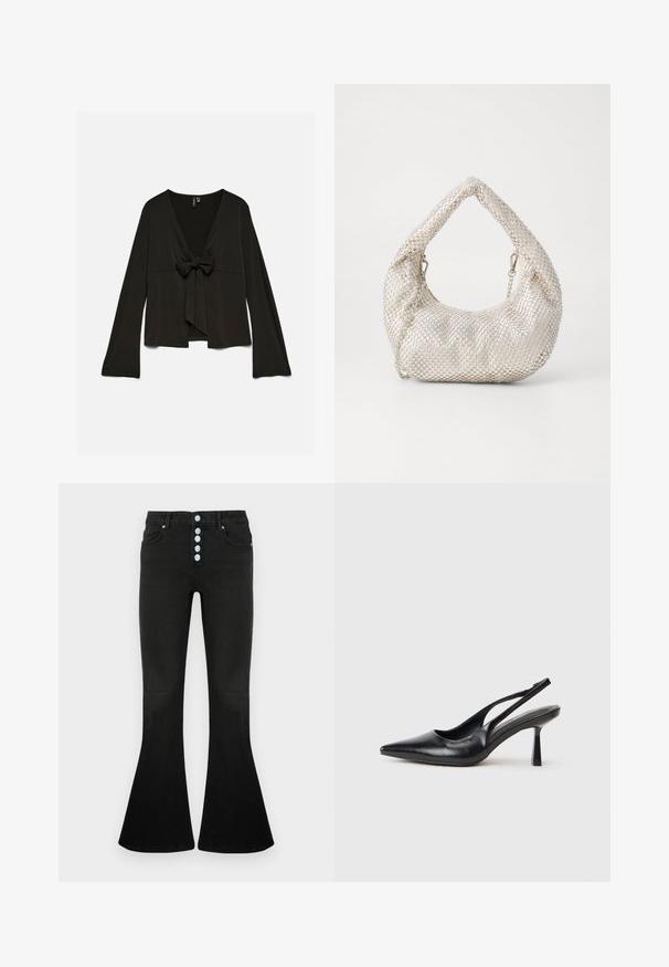 Sort bluse med lange ærmer, dyb V-udskæring og bindebånd foran, løs pasform og let udringede ærmer.; Sorte jeans med flare og høj talje, fem-knaps lukning, blød denimbeklædning og diskrete syningsdetaljer på lommer og syninger.; Sort læderslagback højhælet sko med spids tå og slank hæl på en hvid baggrund.; Sølv mesh håndtaske med en rund form, tekstureret overflade og en buet håndtag. Har kæde detaljer og en blød, sammenfoldet krop.