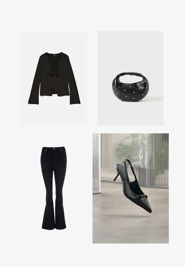 Sort bluse med lange ærmer, dyb V-udskæring og bindebånd foran, løs pasform og let udringede ærmer.; Sorte jeans med høj talje, forlommer, knaplukning og udvidede ben mod bunden.; Sort tekstureret læder slingback højhælet sko med spids tå og lille dekorativ spænde, svævende over en glat gulv.; Sort læderhåndtaske med en rundet form, dekoreret med sølvnitter, og et kort håndtag. Glat tekstur og lynlåslukning.