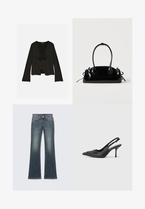 Sort bluse med lange ærmer, dyb V-udskæring og bindebånd foran, løs pasform og let udringede ærmer.; Blå denim jeans med vidde, et falmet finish, fem lommer, kontrasterende syninger og knaplukning i taljen.; Sorte læder slingback stiletto med spids tå, side spændebånd, nitter langs kanten og dekorativ snøring foran.; Lille sort blank håndtaske med to lange håndtag og snøre-detaljer i siden på en ensfarvet lys baggrund.