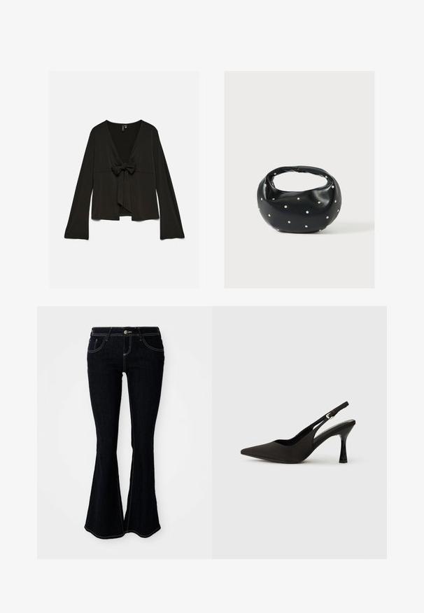 Zwarte blouse met lange mouwen, diepe V-hals en strikdetail aan de voorkant, losse pasvorm en licht uitlopende mouwen.; Flared donkergewassen jeans met een hoge taille, voor- en achterzakken, en contrasterende gele stiksels op de naden.; Zwarte slingback hakken met een spitse neus, een gladde matte afwerking en een slanke, glanzende hak. Verstelbare band met een klein gespdetail.; Zwarte leren handtas met een afgeronde vorm, versierd met zilveren studs, en een korte handgreep. Gladde textuur en ritsluiting.
