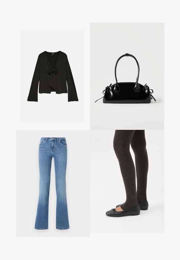 Sort bluse med lange ærmer, dyb V-udskæring og bindebånd foran, løs pasform og let udringede ærmer.; Lysblå flagrende jeans lavet af denim, med fem lommer, frontlynlås og knaplukning. Afbleget mønster på lårene og kanten.; Ben iført mørke ribbede leggings kombineret med sorte balletsko med små sløjfedetaljer på hvid baggrund.; Lille sort blank håndtaske med to lange håndtag og snøre-detaljer i siden på en ensfarvet lys baggrund.
