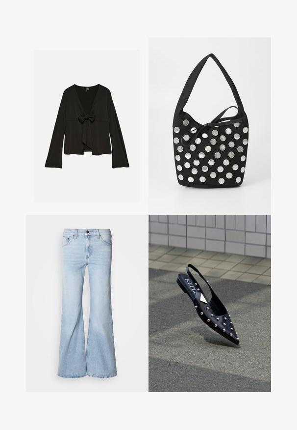 Sort bluse med lange ærmer, dyb V-udskæring og bindebånd foran, løs pasform og let udringede ærmer.; Lyseblå vidde jeans med højtaljet design, lavet af denimstof, fem lommer og knaplukning. Benene er vide og har en let falmet finish.; Sort spids slingback-sko lavet af glat materiale, med sølvnitter, flad sål og logo på indersålen.; Sort stof håndtaske med en afrundet form, der har sølvfarvede cirkulære metalnitter arrangeret i et mønster, samt et bundet stofaccent.