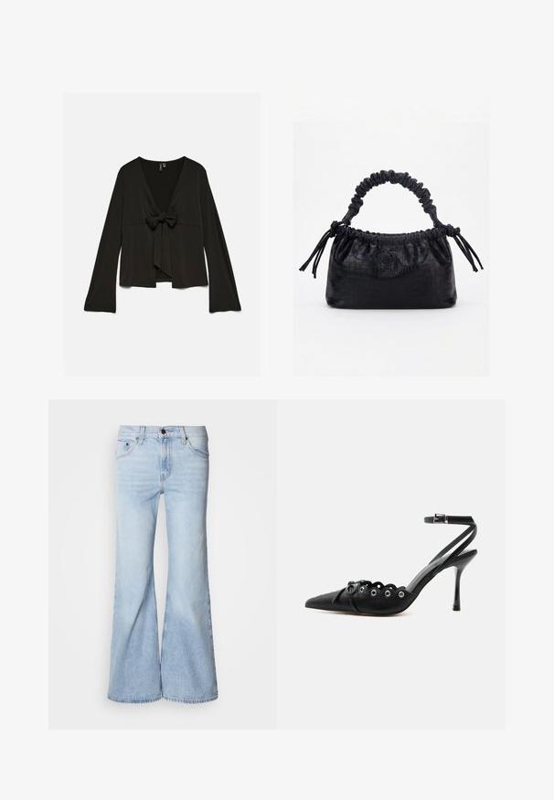 Zwarte blouse met lange mouwen, diepe V-hals en strikdetail aan de voorkant, losse pasvorm en licht uitlopende mouwen.; Lichtblauwe flare jeans met een hoge taille, gemaakt van denim, voorzien van vijf zakken en een knoopsluiting. De pijpen zijn wijd en hebben een licht vervaagde afwerking.; Zwarte pumps met hoge hak en spitse neus, gegolfde randen, metalen oogjes, vetergespsluiting aan de voorzijde en enkelriem met gespsluiting.; Zwarte handtas met krokodillenstructuur, geplooide bovenrand, samengevoerde handgreep en koordtassels aan elke kant tegen een witte achtergrond.