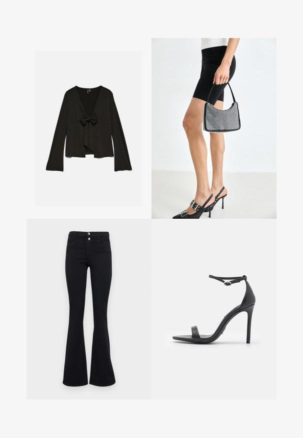 Sort bluse med lange ærmer, dyb V-udskæring og bindebånd foran, løs pasform og let udringede ærmer.; ONLY ONLRAIN FLARED - Flared jeans - washed black; Sorte højhælede sandaler med åben tå, tynde stropper og spænde om anklen. Glat lædertekstur med spidse tådesign.; Sort perlehandtaske med en buet silhuet, bærehåndtag og blank overflade. Båret med højhælede sorte sko og tætsiddende sorte shorts.