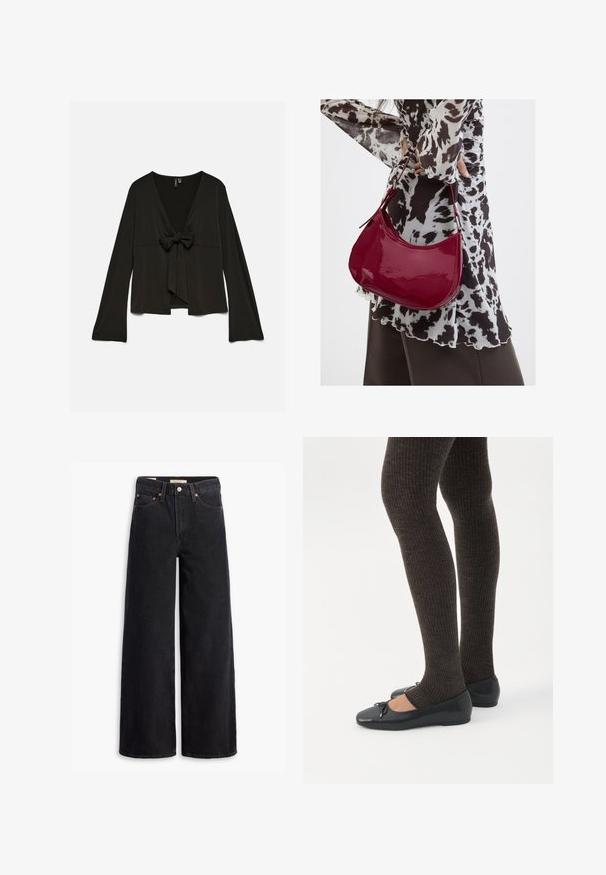 Sort bluse med lange ærmer, dyb V-udskæring og bindebånd foran, løs pasform og let udringede ærmer.; Sorte brede benjeans lavet af denim, med fem lommer, kobbernitter og en klassisk knaplukning. Glat tekstur med et rent design.; Ben iført mørke ribbede leggings kombineret med sorte balletsko med små sløjfedetaljer på hvid baggrund.; Kvinde iført en sort- og hvidmønstret bluse, der holder en blank rød skuldertaske mod en ensfarvet baggrund.