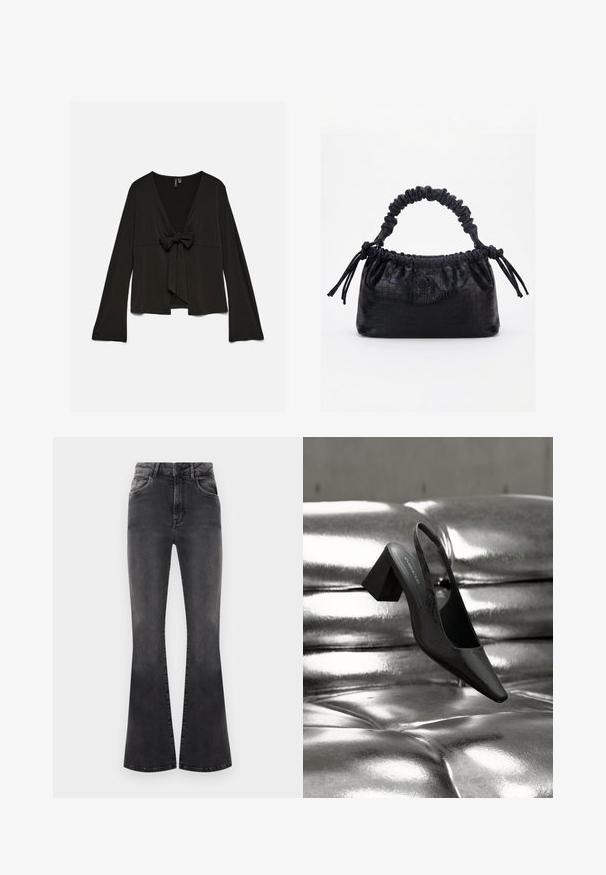 Zwarte blouse met lange mouwen, diepe V-hals en strikdetail aan de voorkant, losse pasvorm en licht uitlopende mouwen.; Zwarte flared jeans met een hoge taille, naaigegevens en vijf zakken. De stof heeft een gladde textuur met een vervaagd effect.; Zwarte slingback hak met een puntige neus, voorzien van een getextureerd oppervlak en een stevige blokhak. Geplaatst tegen een glanzende, metallic achtergrond.; Zwarte handtas met krokodillenstructuur, geplooide bovenrand, samengevoerde handgreep en koordtassels aan elke kant tegen een witte achtergrond.