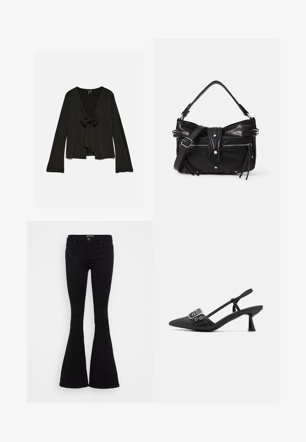 Zwarte blouse met lange mouwen, diepe V-hals en strikdetail aan de voorkant, losse pasvorm en licht uitlopende mouwen.; Zwarte flared jeans van een gladde stof, met een middelhoge taille, voorzakken en een knoopsluiting. De zoom loopt aan de onderkant uit.; Simmi London DALA - Klassieke pumps - black; Even&Odd by Zalando H24462 - Handtas - black