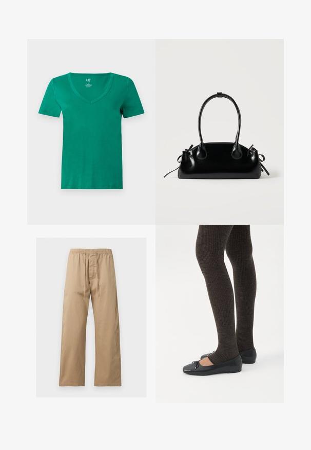 T-shirt vert en coton à manches courtes et col en V, présenté à plat, avec une étiquette de marque GAP visible à l’intérieur du col sur un fond gris clair.; Pantalon marron clair à coupe ample avec taille élastique et cordon à l’avant, en tissu léger, présenté sur un fond uni.; Jambes portant des leggings côtelés foncés associés à des ballerines noires avec de petits détails en nœud sur fond blanc.; Petit sac à main noir brillant avec deux longues anses et des détails à cordon sur les côtés sur un fond clair uni.