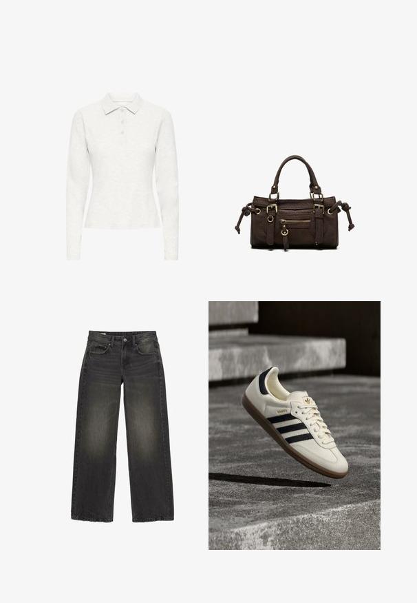 Wit poloshirt met lange mouwen en drie knopen, van zacht textiel, met een klassieke kraag, weergegeven vanuit het front tegen een effen achtergrond.; Zwarte jeans met wijde pijpen, vervaagde details, knoop aan de voorkant, rits en vijf zakken, plat gelegd op een witte achtergrond.; Witte Adidas Samba sneaker met zwarte strepen en gumzool, zwevend boven gestructureerde grijze betonnen treden.; Donkerbruine leren handtas met dubbele handvatten, voorvak met ritssluiting, decoratieve gespen en zijknopen op een witte achtergrond.